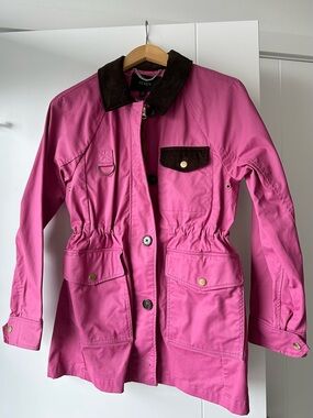 J. Crew Hot Pink Trench Jacket with Brown Corduroy Collar